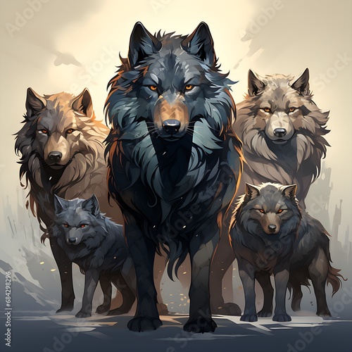 illustrated wolf pack on sand path under cloudy blue sky