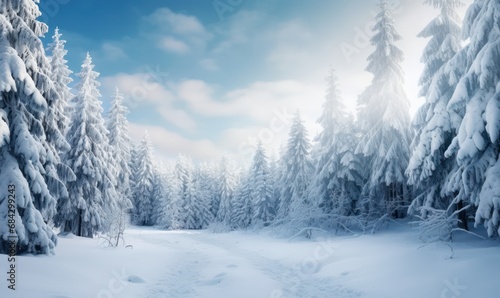 Beautiful snowy landscape with fields and trees covered in snow