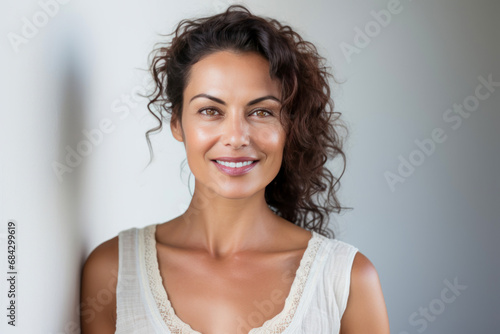 Brunette woman with curly hair in white posing against a wall.