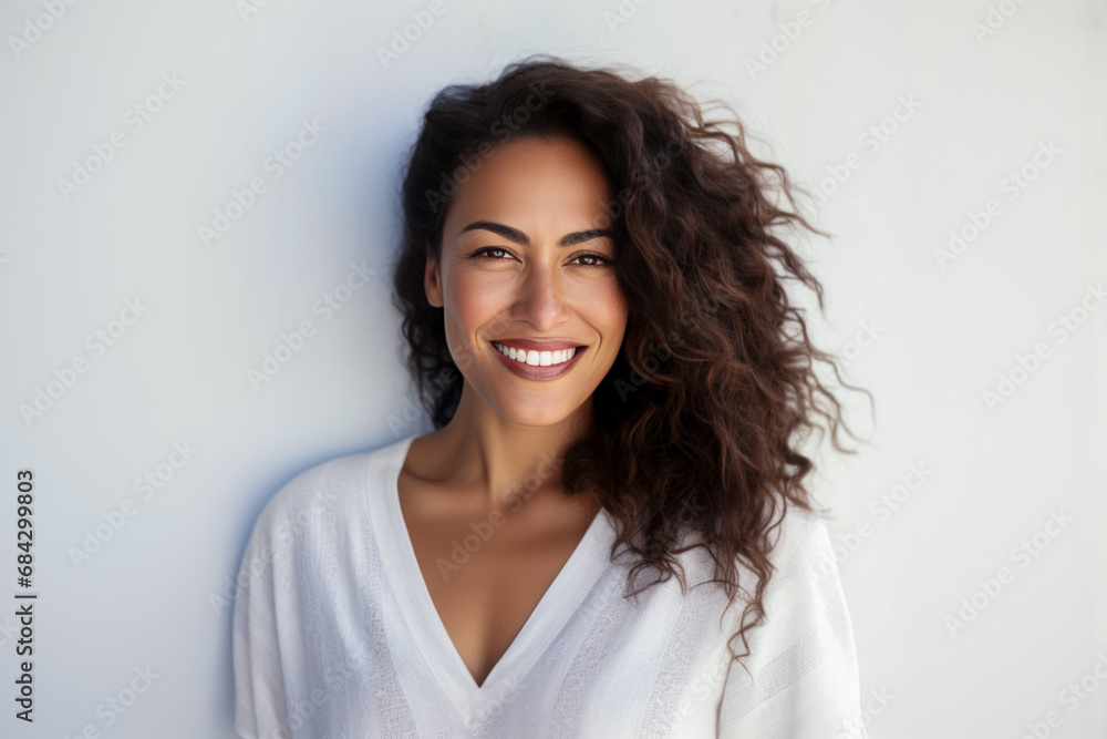 Smiling brunette woman in white isolated against a studio wall. Smiling brunette woman in white isolated against a studio wall.