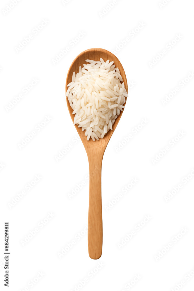 Wooden spoon with long rice isolated on transparent background. Top view, flat lay. PNG file. Wooden spoon with long rice isolated on transparent background. Top view, flat lay. PNG file.