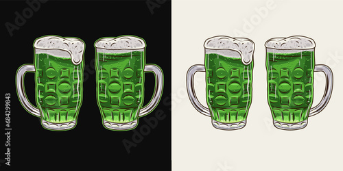 Full glass of green beer. Mug with handle and overflowing beer foam. Filtered transparent beverage. Vintage illustration for Patricks day decoration