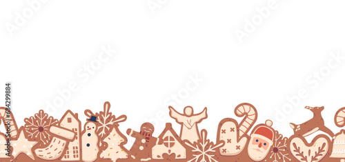 Delightful Seamless Pattern With Christmas Gingerbread Cookies, Like Stars, Trees, Santa, Sock And Snowflakes, Wallpaper
