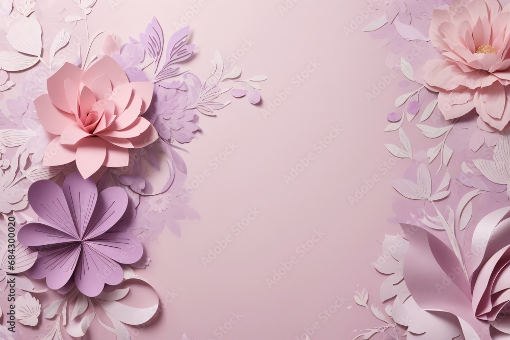 Floral elements on a basic purple paper texture background. Background for party, birthday, wedding or graduation invitation card in purple color with floral elements in soft art style. Floral elements on a basic purple paper texture background. Background for party, birthday, wedding or graduation invitation card in purple color with floral elements in soft art style.