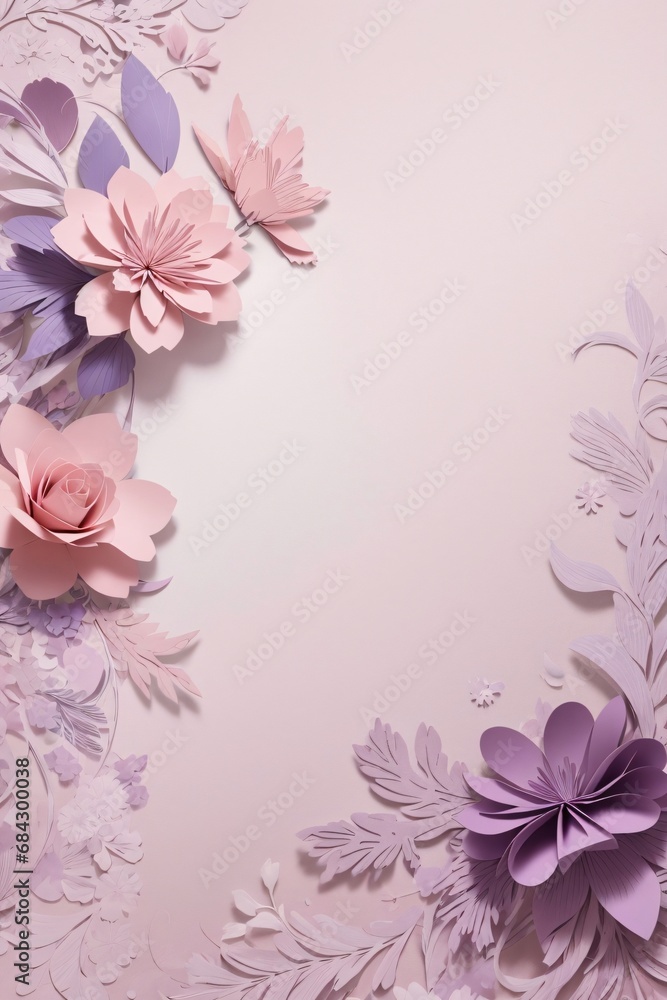 Floral elements on a basic purple paper texture background. Background for party, birthday, wedding or graduation invitation card in purple color with floral elements in soft art style.