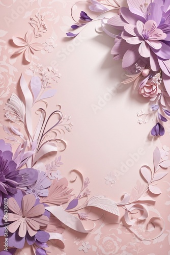 Floral elements on a basic purple paper texture background. Background for party, birthday, wedding or graduation invitation card in purple color with floral elements in soft art style.