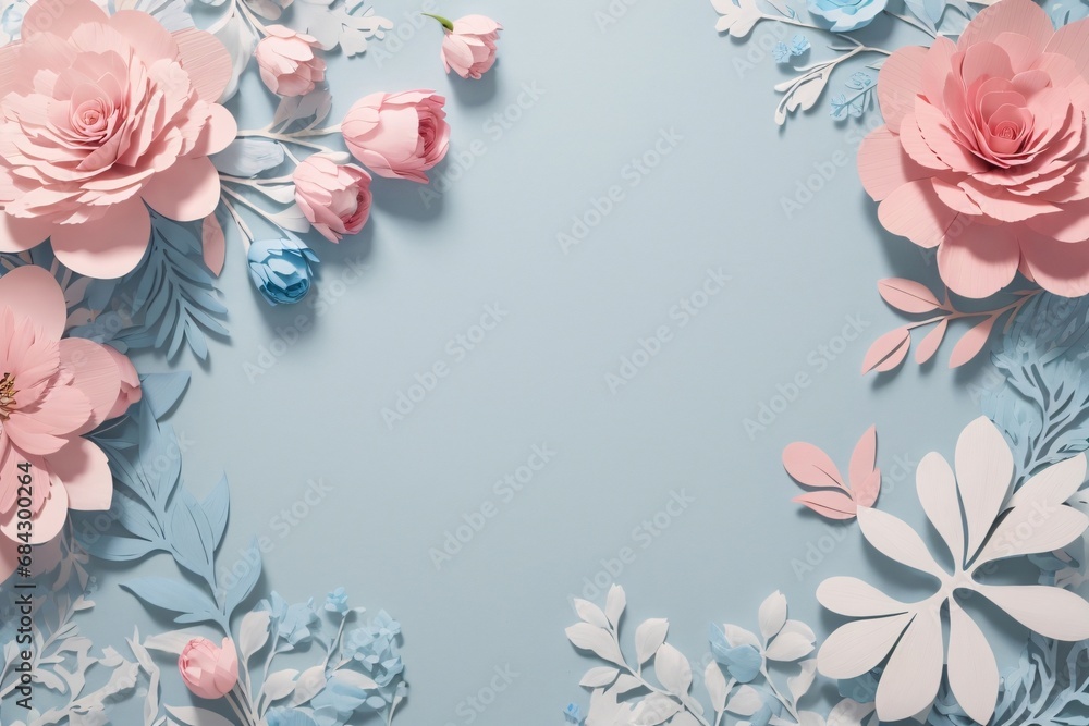 Floral elements on a basic blue paper texture background. Background for party, birthday, wedding or graduation invitation card in blue color with floral elements in soft art style. - obrazy, fototapety, plakaty 