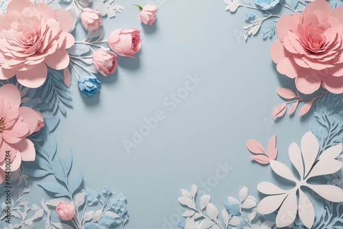 Floral elements on a basic blue paper texture background. Background for party, birthday, wedding or graduation invitation card in blue color with floral elements in soft art style.