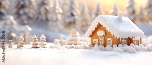 Delicious gingerbread house with Christmas decorations and snow,. Holiday mood copy space. Beautiful and cozy Christmas background. Generative ai