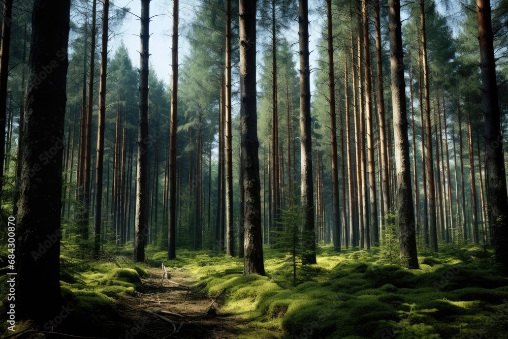 Tall Trees Stood Majestically In The Forest. Сoncept Enchanting Forest Walk, Serene Nature Trail, Majestic Tree Canopy, Tranquil Forest Photography