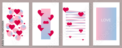 Modern design templates of Valentines day, posters, covers set. Trendy minimalist aesthetic with gradient graphic backgrounds. Red, pale pink, blue purple vibrant colors on white.
