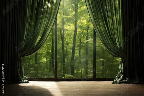 Wooden Floor And Curtain In Green Forest Blur Background.   oncept Nature-Inspired Home Decor  Rustic Living Room Design  Forest-Inspired Interior Themes