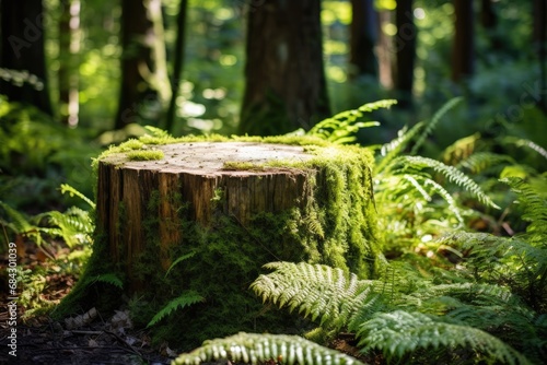 Wooden Stump In Forest, Adorned With Lush Moss And Ferns