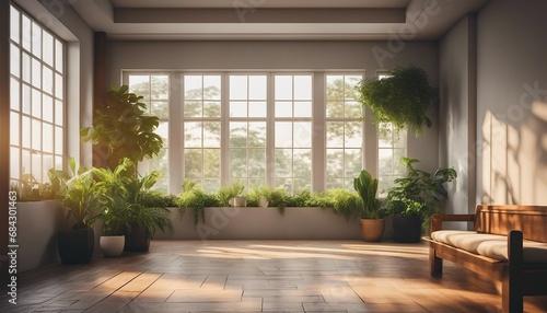 A bright and spacious area boasting an expansive window, a low wooden bench with potted plants
