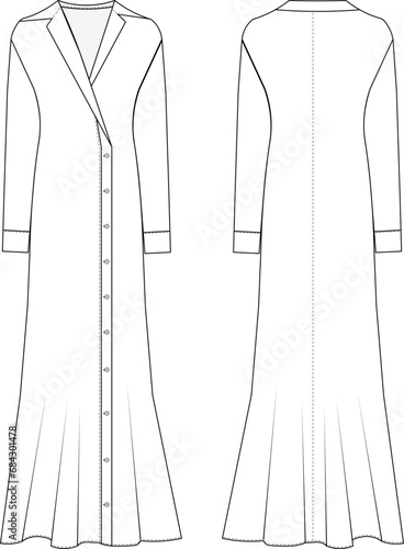 collar long sleeve flared maxi long shirt dress template technical drawing flat sketch cad mockup fashion woman
