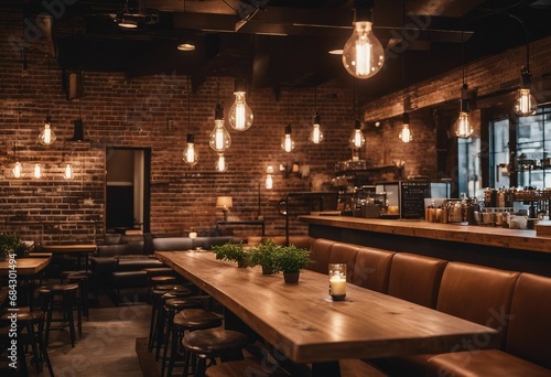 A chic, urban coffee shop interior with exposed brick walls, hanging Edison bulbs, and reclaimed 
