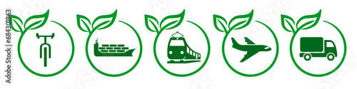 Green transport delivery, set eco logistic bike ship train plane truck with leaves symbol icon, international green free trade, environment friendly transport, eco distribution and shipping sign