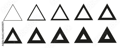Triangle set from thin to thick line, set of geometric shapes form, triangle icons collection, different version - stock vector