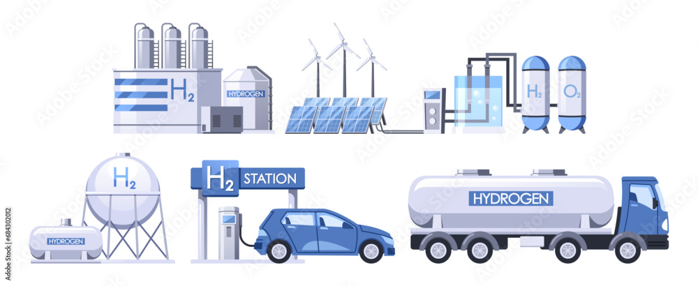 Fototapeta premium Hydrogen Production Involves Extracting Hydrogen From Natural Gas, Water, Biomass Through Processes Vector Illustration