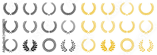 Laurel wreath of victory icon. Set black and gold silhouette circular laurel foliate, wheat and oak wreaths depicting an award, achievement, heraldry, nobility. Emblem floral greek branch flat icons