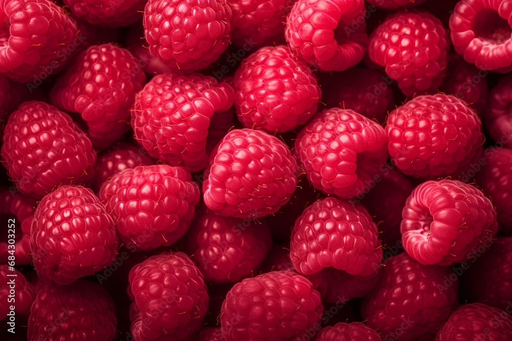 Background with juicy red raspberries, close-up view from above. Background with juicy red raspberries, close-up view from above.
