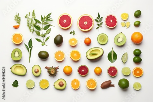 Different types of tropical fruits on a white background