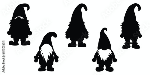 Set of black and white Christmas gnomes. Christmas gnomes silhouette set. Vector illustration