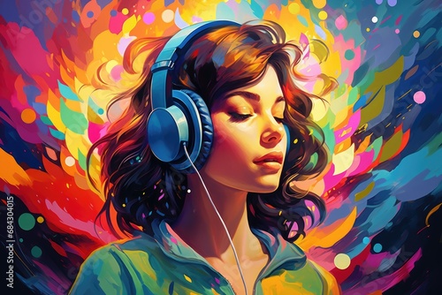 Portrait of beautiful young woman listening to music with headphones. Vector illustration, A girl with headphones in a colorful vivid background, An illustration of, AI Generated photo