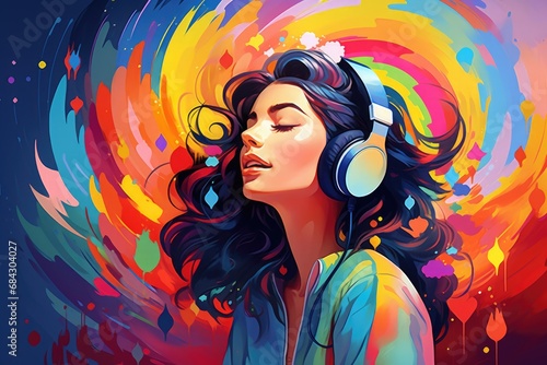 Beautiful girl listening to music with headphones on colorful background. Vector illustration, A girl with headphones in a colorful vivid background, An illustration of auditory, AI Generated photo