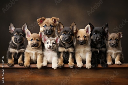 Group of puppies on wooden shelf against brown background. Studio shot, A group portrait of adorable puppies, AI Generated