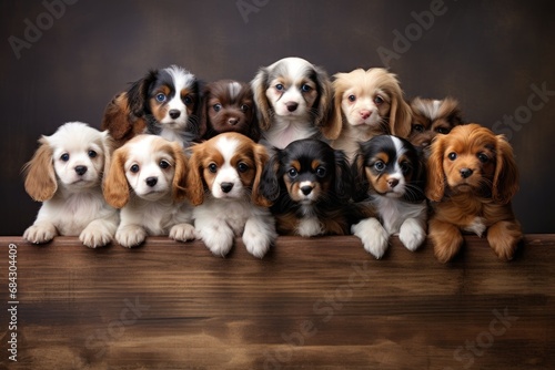 Cavalier King Charles Spaniel puppies sitting in a row, A group portrait of adorable puppies, AI Generated photo