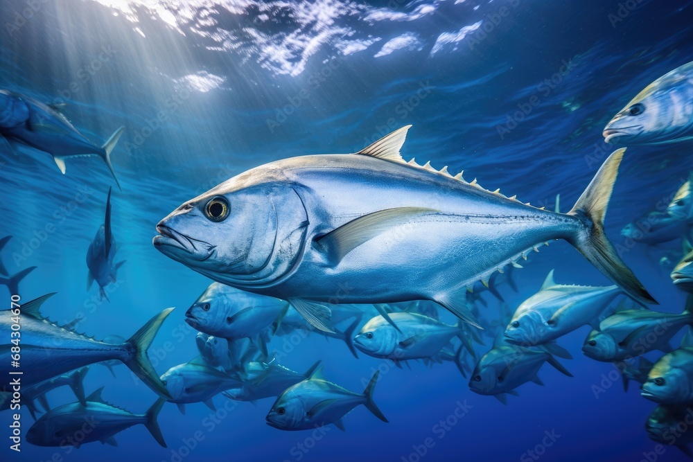 Fototapeta premium Tuna fish swimming in the blue sea. Underwater world, A large school of Trevally swimming in the deep blue tropical ocean, AI Generated