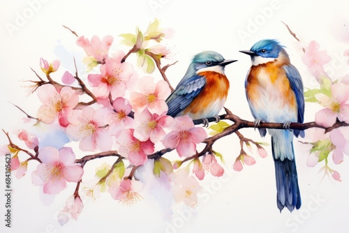Watercolor illustration of colorful birds perched on a blossoming tree branch © Jelena