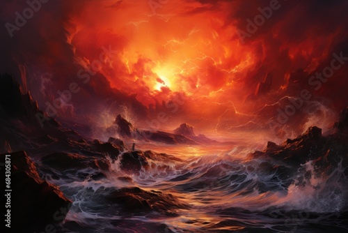 Painting capturing the clash of a fiery sunset and icy waters