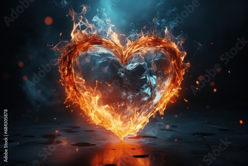 Heart made of ice and fire, symbolizing passion and coolness