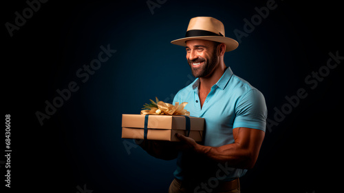 hombre apuesto y sonriente entregando un presente, con una camisa azul y un sombrero, aislado en un fondo azul oscuro  photo