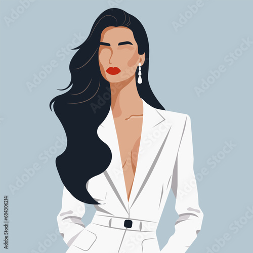 Vector fashion illustration, young sexy brunette with long hair in a stylish white jacket with a deep neckline.
