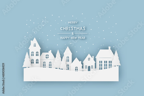 Countryside village landscape in winter on a snowy day. Happy New Year and Merry Christmas, paper art, digital craft style, vector illustration.