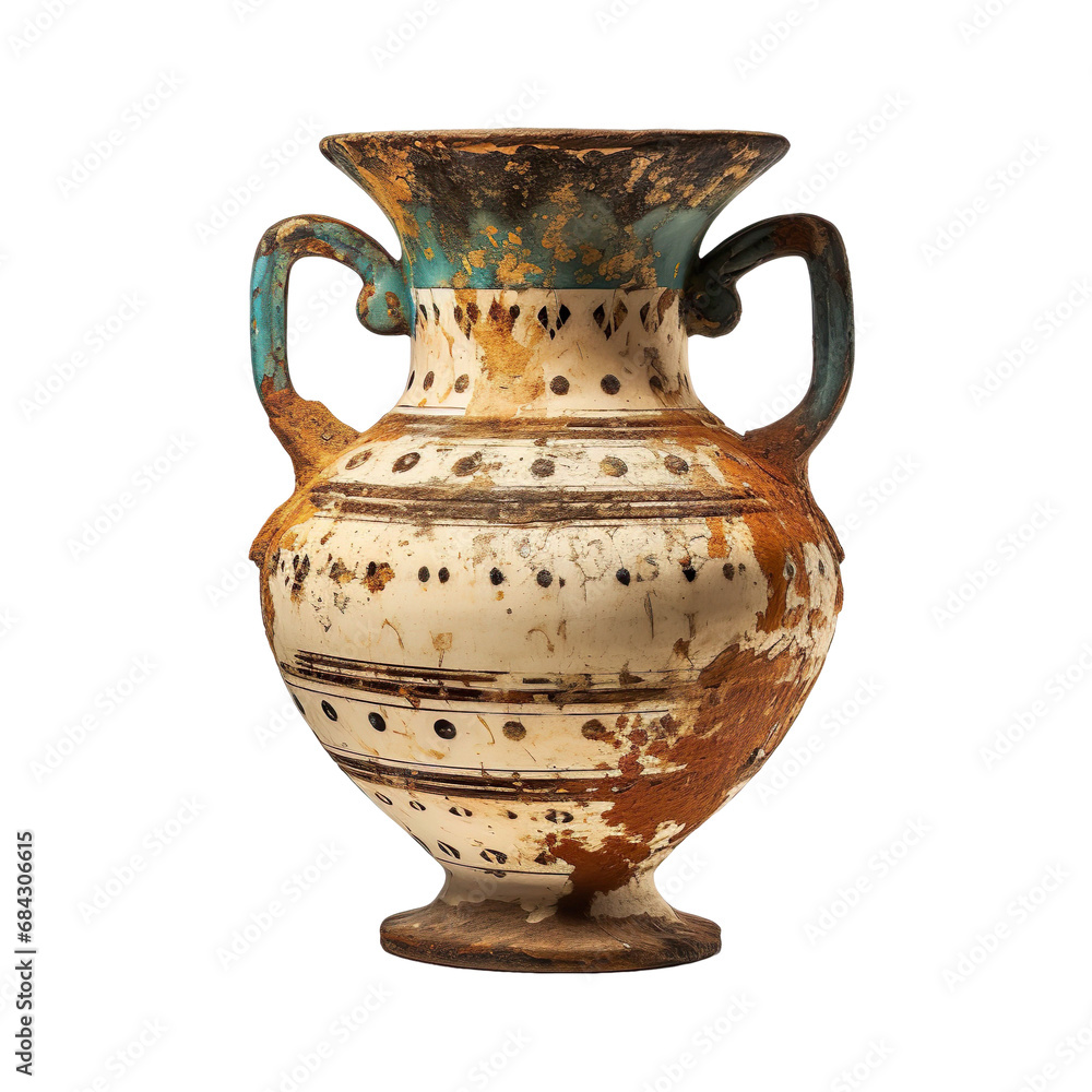 front view of old and broken Etruscan-Style vase isolated on a white transparent background 
