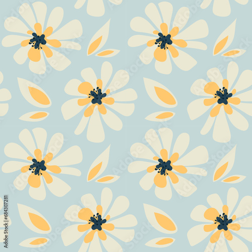 blue background with simple flowers seamless print. cute rustic pattern with flowers in pastel colors. cozy decor in natural style