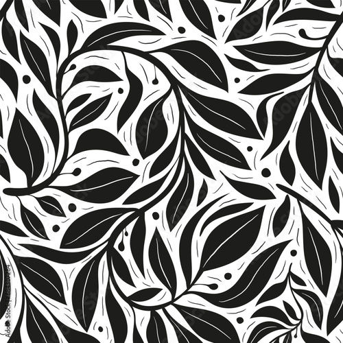 twigs and leaves fill the seamless pattern. floral pattern in black and white style