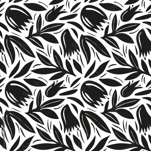 abstract floral pattern with flowers and leaves in black and white style. scattered flower buds in flat style in fashion print © raykova