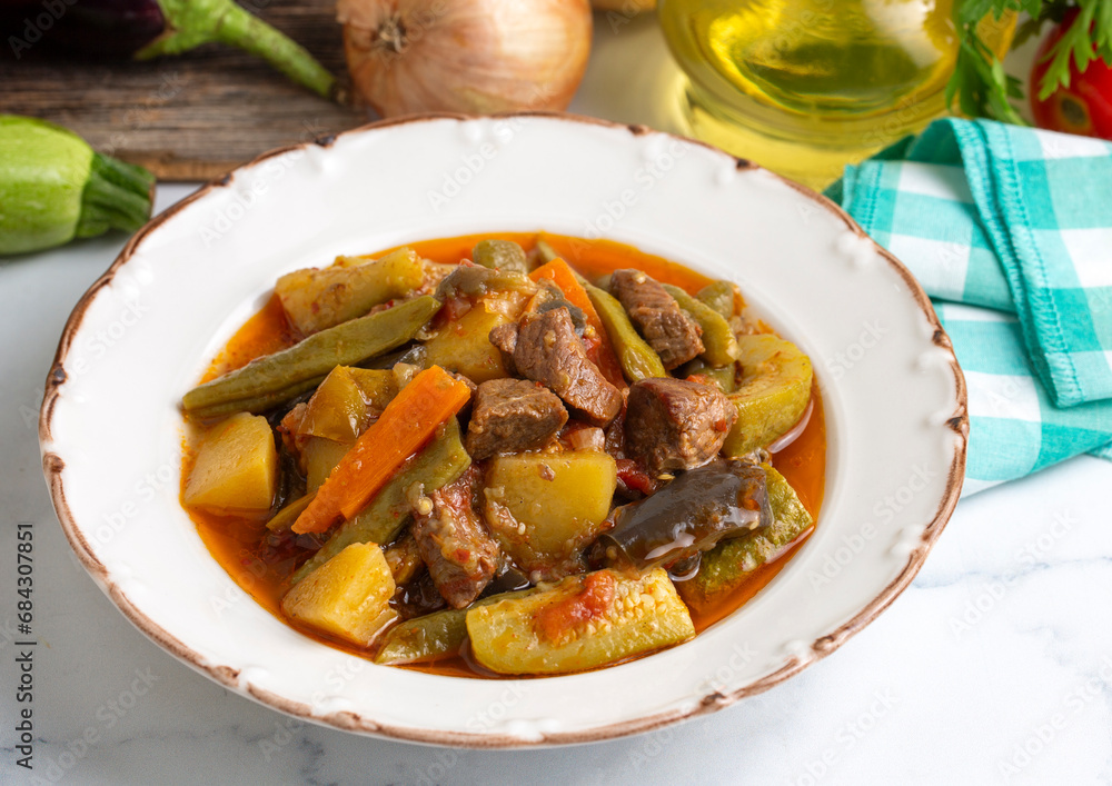 Turkish Food Turlu Mixed Vegetables with Cubed Meat. Turkish Food Turlu Mixed Vegetables with Cubed Meat.