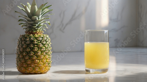 Pineapple juice in a glass and a pineapple 