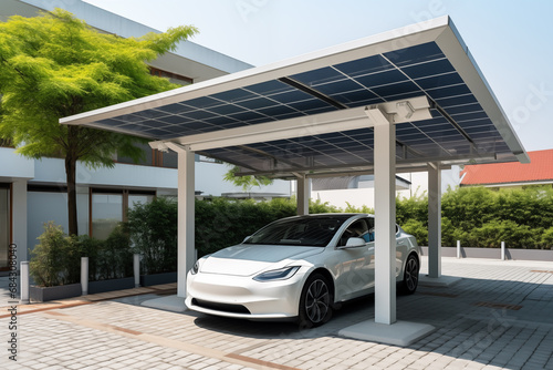 Electric car is charged from a charging station that takes energy from solar panels photo