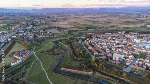 Palmanova, aerial view, old city, purple sunset, Italy