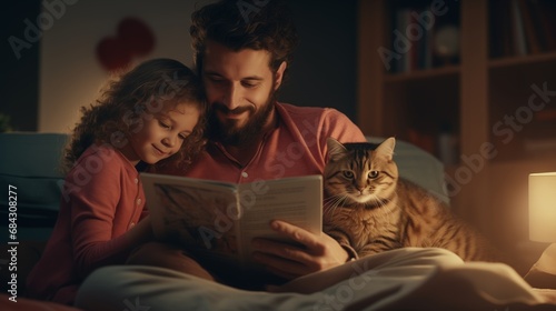Dad and daughter sitting on sofa at home in living modern room reading book and playing with fluffy cat.Father reads a story to his daughter and resting on couch with pet animal.family and pet concept