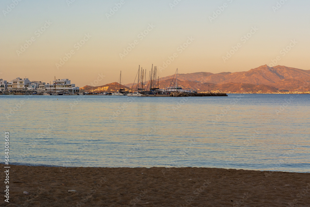 Piso Livadi, a picturesque resort with sandy Logaras beach on Paros island. Cyclades, Greece Piso Livadi, a picturesque resort with sandy Logaras beach on Paros island. Cyclades, Greece