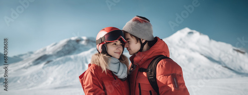 portrait of beautiful young man woman couple in love skiing wearing helmet on a trip outdoor activity in winter snow season holiday or honeymoon, copyspace banner photo