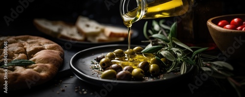 golden olive oil bottle pouring over green olives plate with thyme and aromatic herbs leaves , food menu commercial setup with focaccia bread as wide banner with copyspace area photo